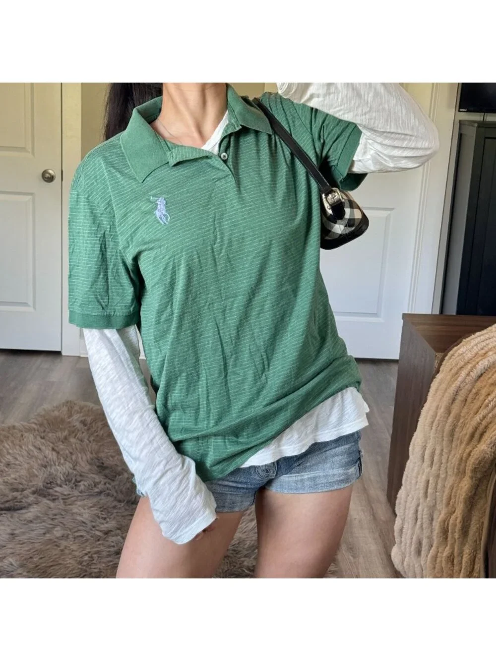 Y2K Polo Ralph Lauren Green Pinstriped Polo Shirt L Big Embroidered Pony Preppy